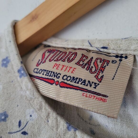 Vintage Studio Ease Linen Blend Dress Neutral Blue Floral Print Sleeveless 4P - Picture 3 of 10